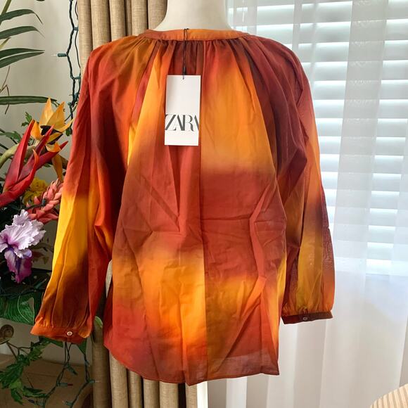 Zara Tie Dye Print Oversized Blouse with Tie in Orange - Picture 8 of 10